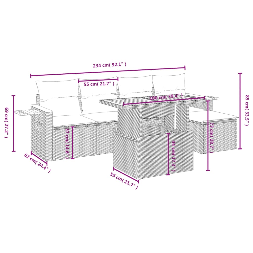 6-delige Loungeset met kussens poly rattan beige