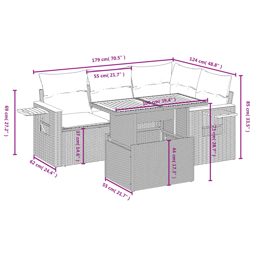 5-delige Loungeset met kussens poly rattan grijs