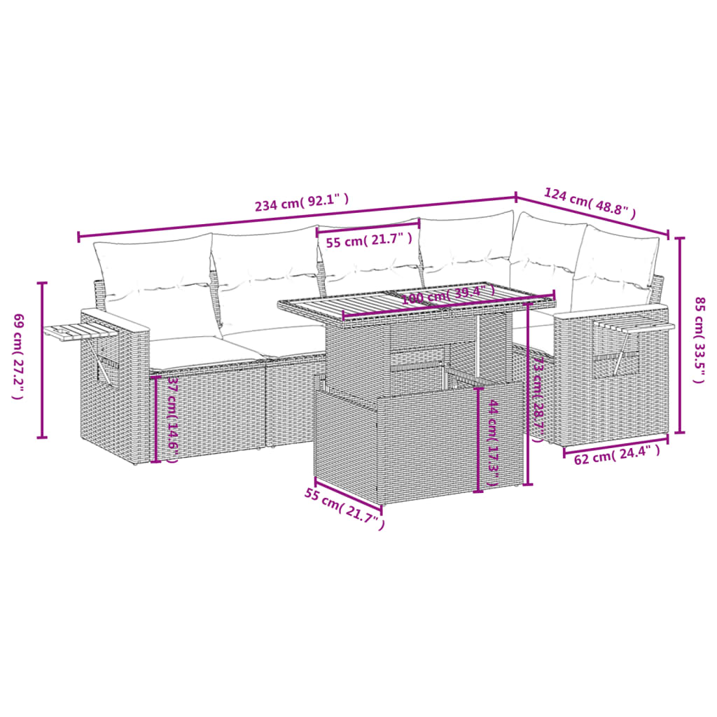 6-delige Loungeset met kussens poly rattan beige