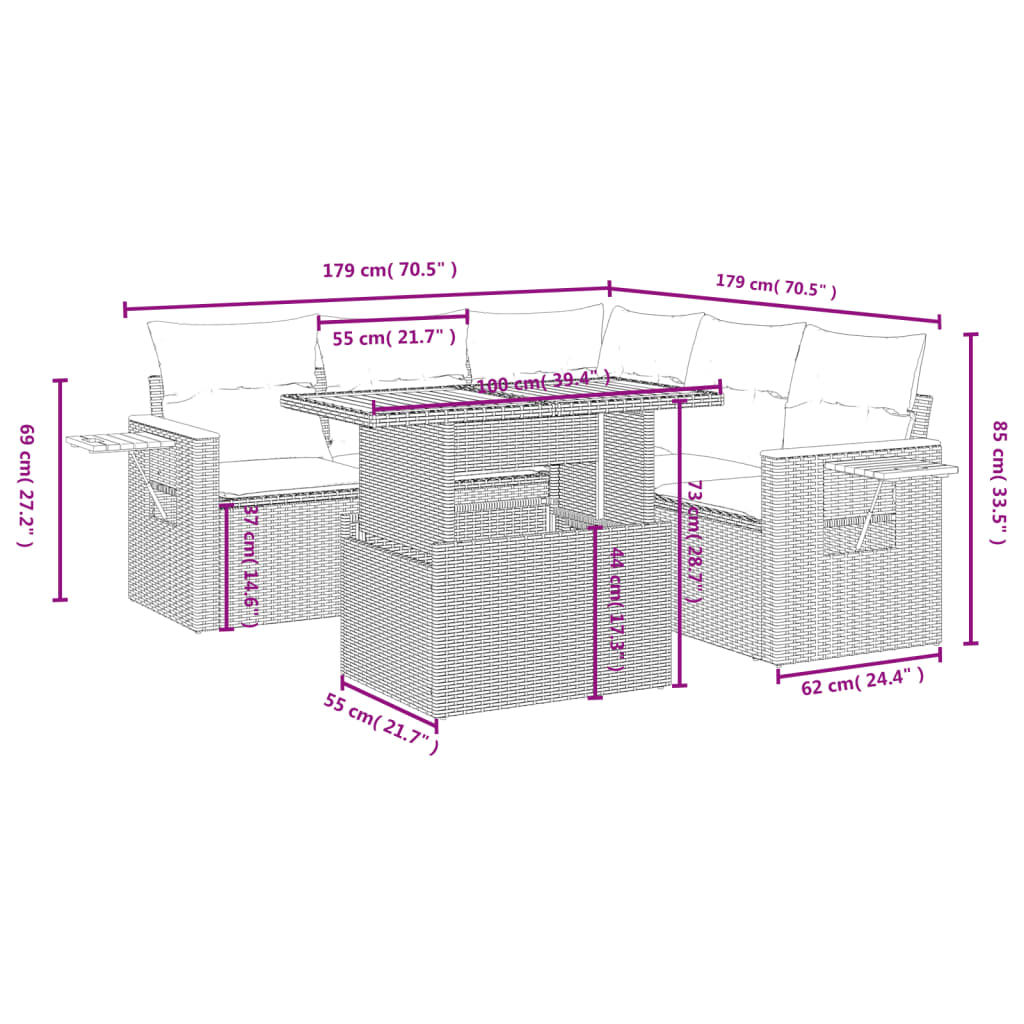 6-delige Loungeset met kussens poly rattan beige