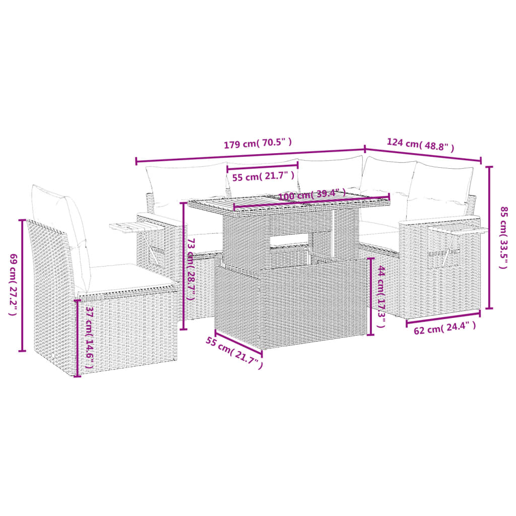 6-delige Loungeset met kussens poly rattan beige