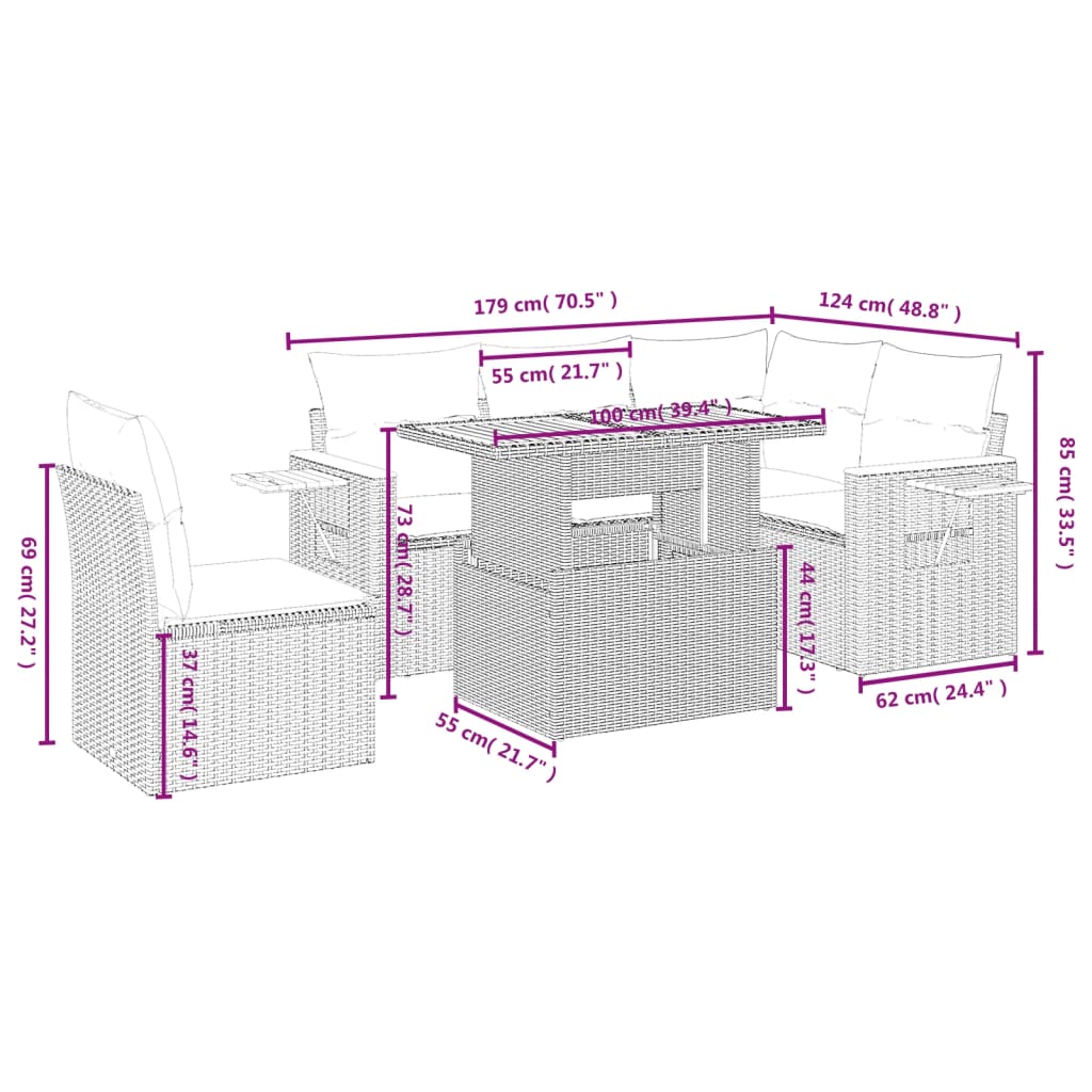 6-delige Loungeset met kussens poly rattan beige
