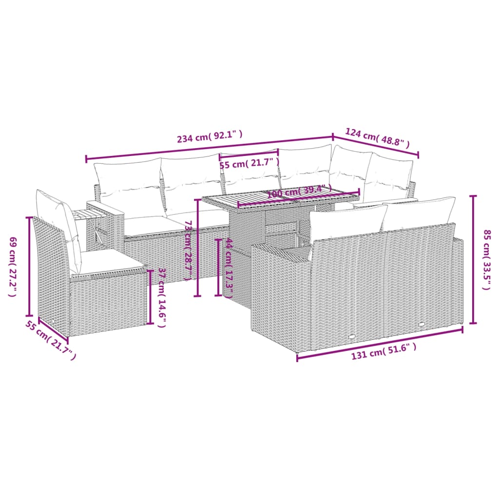 9-Delige Loungeset Met Kussens Poly Rattan Zwart