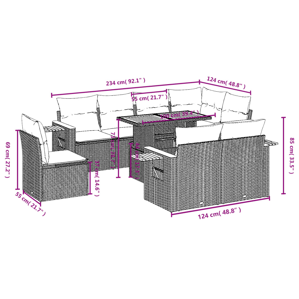 9-delige Loungeset met kussens poly rattan beige