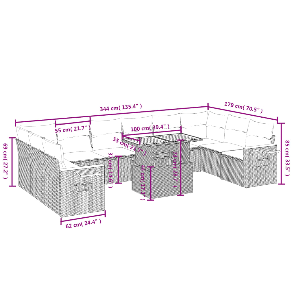 11-delige Loungeset met kussens poly rattan grijs