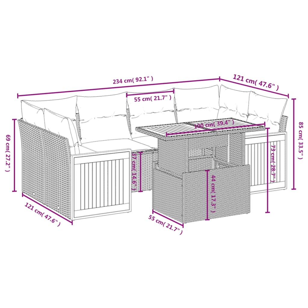 7-delige Loungeset met kussens poly rattan beige