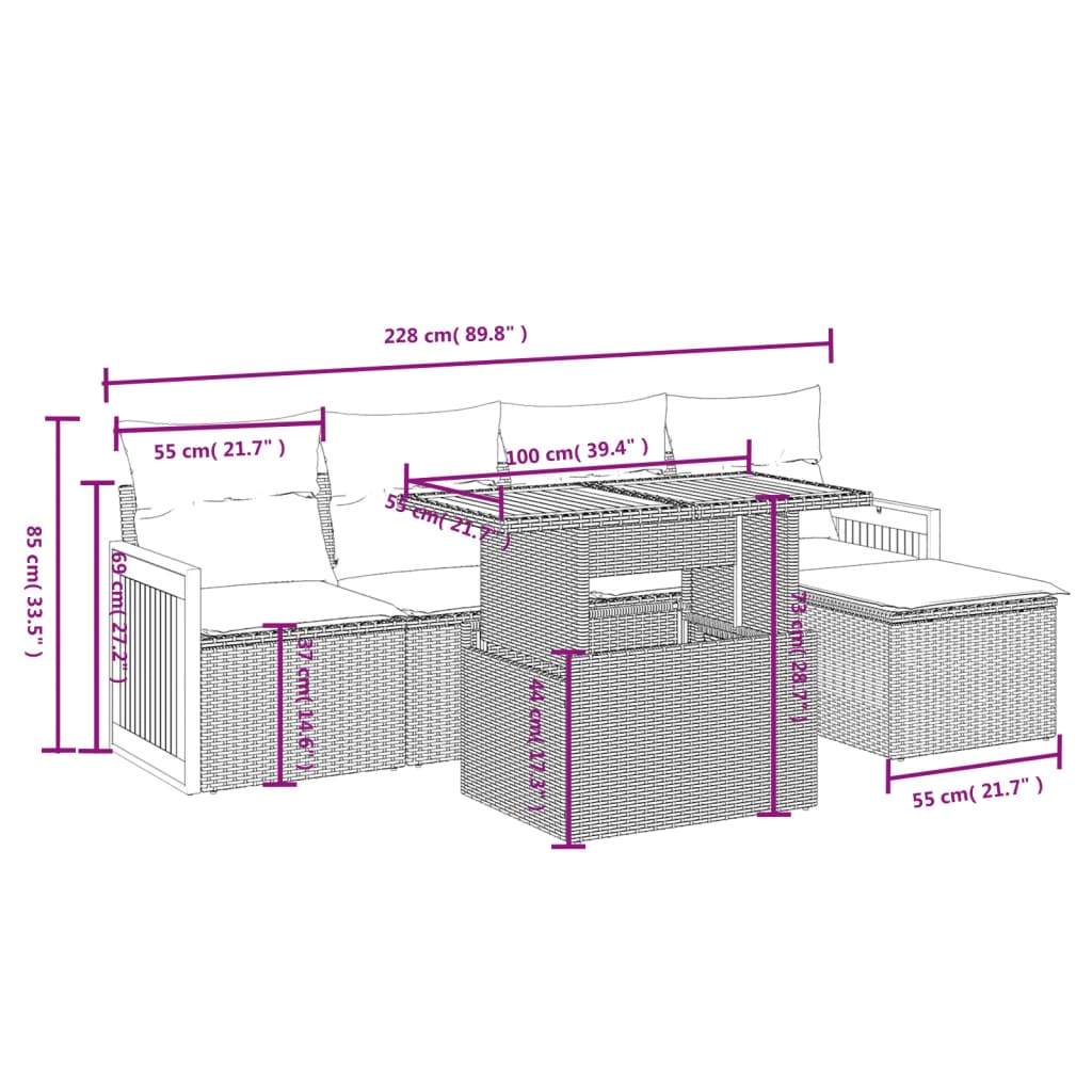 6-delige Loungeset met kussens poly rattan grijs