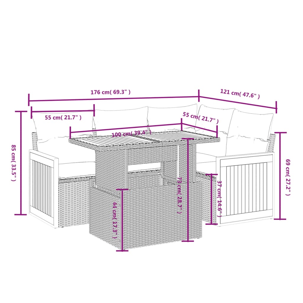 5-Delige Loungeset Met Kussens Poly Rattan Zwart