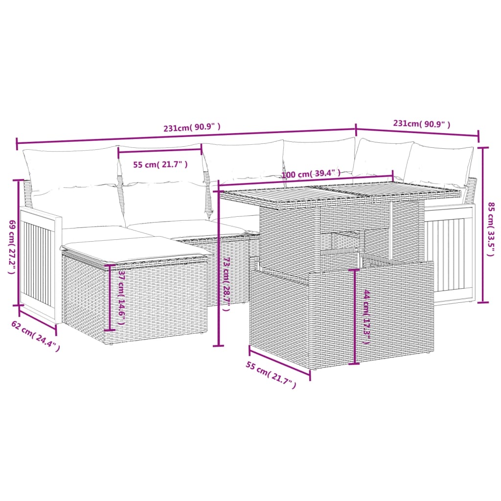 6-delige Loungeset met kussens poly rattan beige