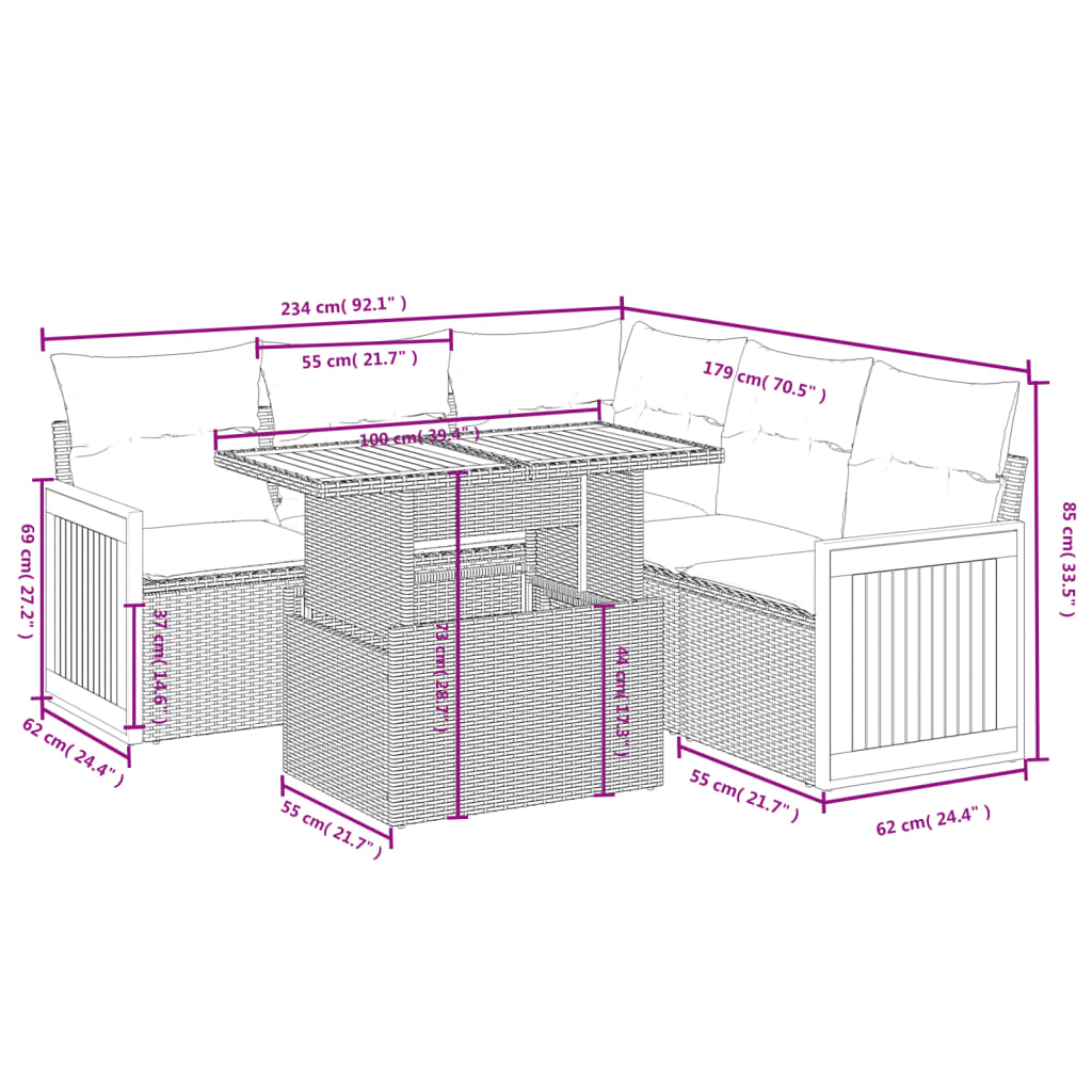 6-delige Loungeset met kussens poly rattan beige