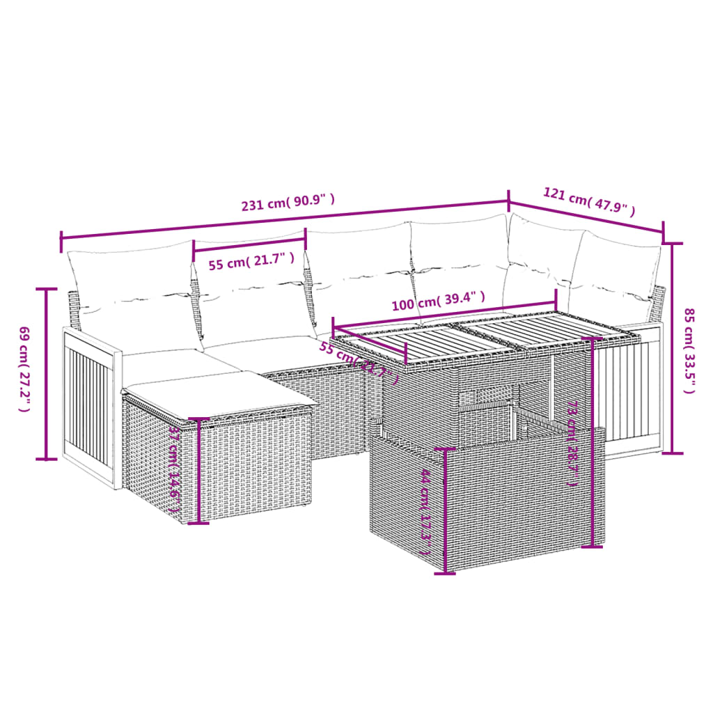 7-delige Loungeset met kussens poly rattan beige
