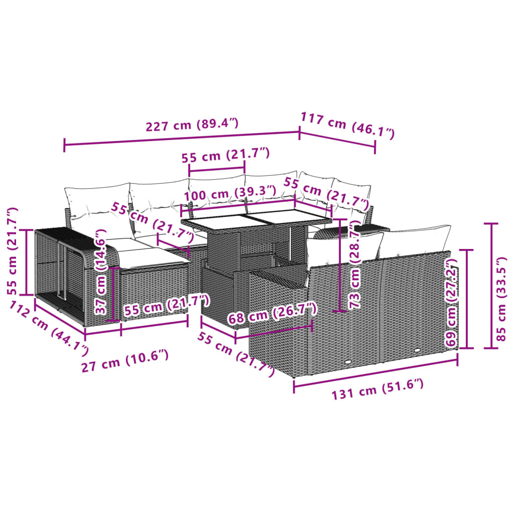 11-delige Loungeset met kussens poly rattan zwart