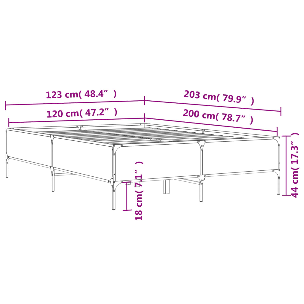 Bedframe bewerkt hout metaal gerookt eikenkleurig 120x200 cm