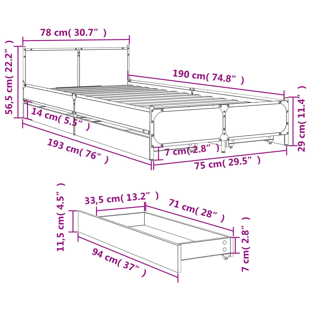 Bedframe met lades bewerkt hout gerookt eikenkleurig 75x190 cm