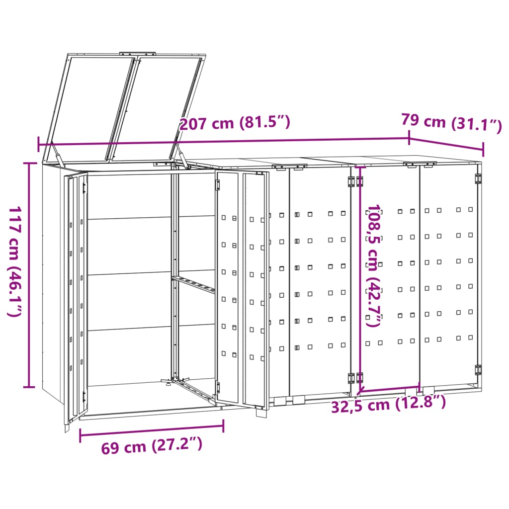 Containerberging voor 3 containers 207x79x117 cm staal zwart