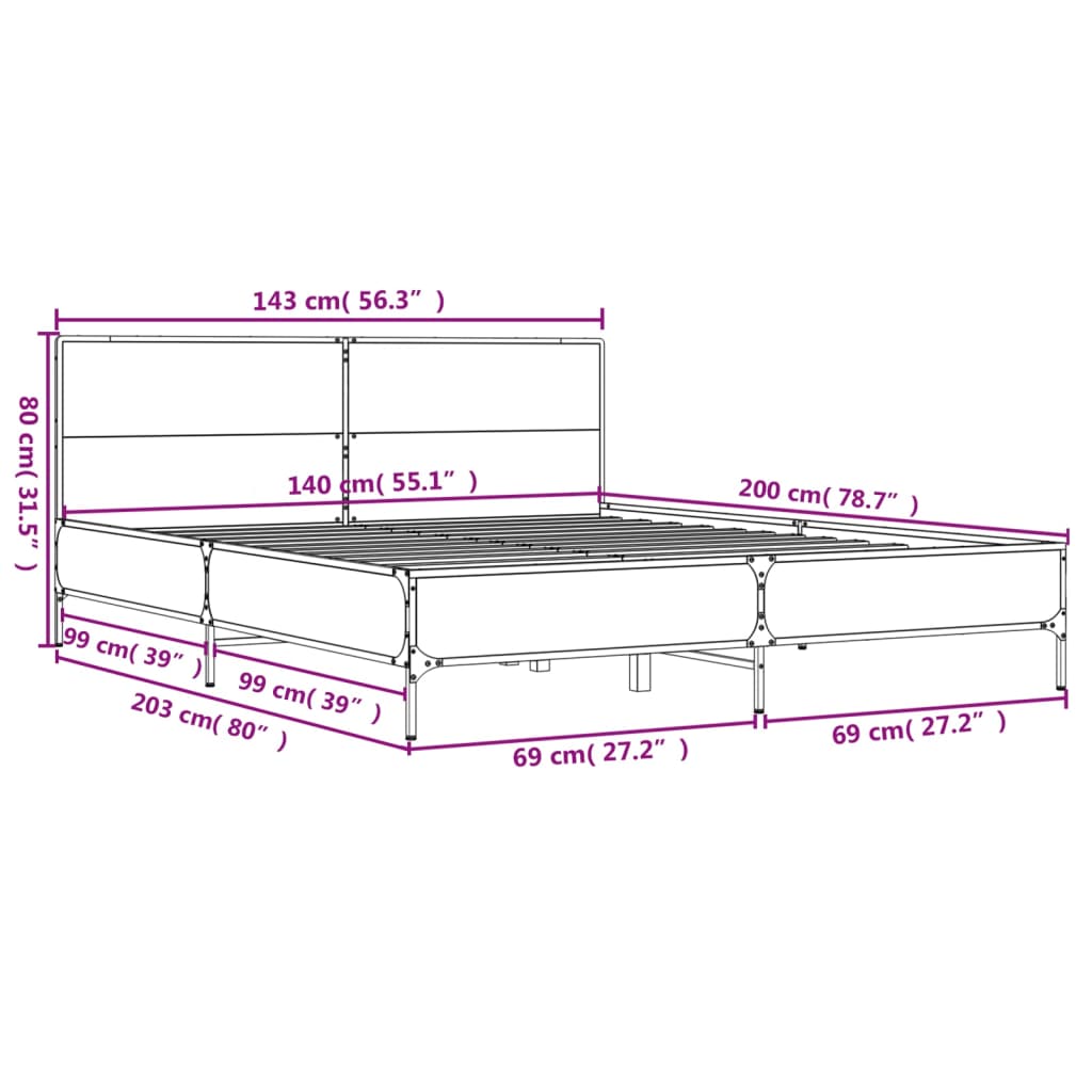 Bedframe bewerkt hout metaal sonoma eikenkleurig 140x200 cm