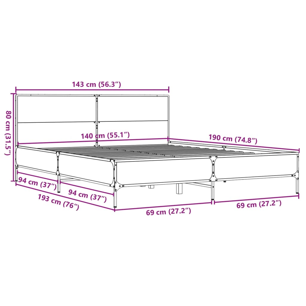 Bedframe bewerkt hout metaal bruin eikenkleur 140x190 cm