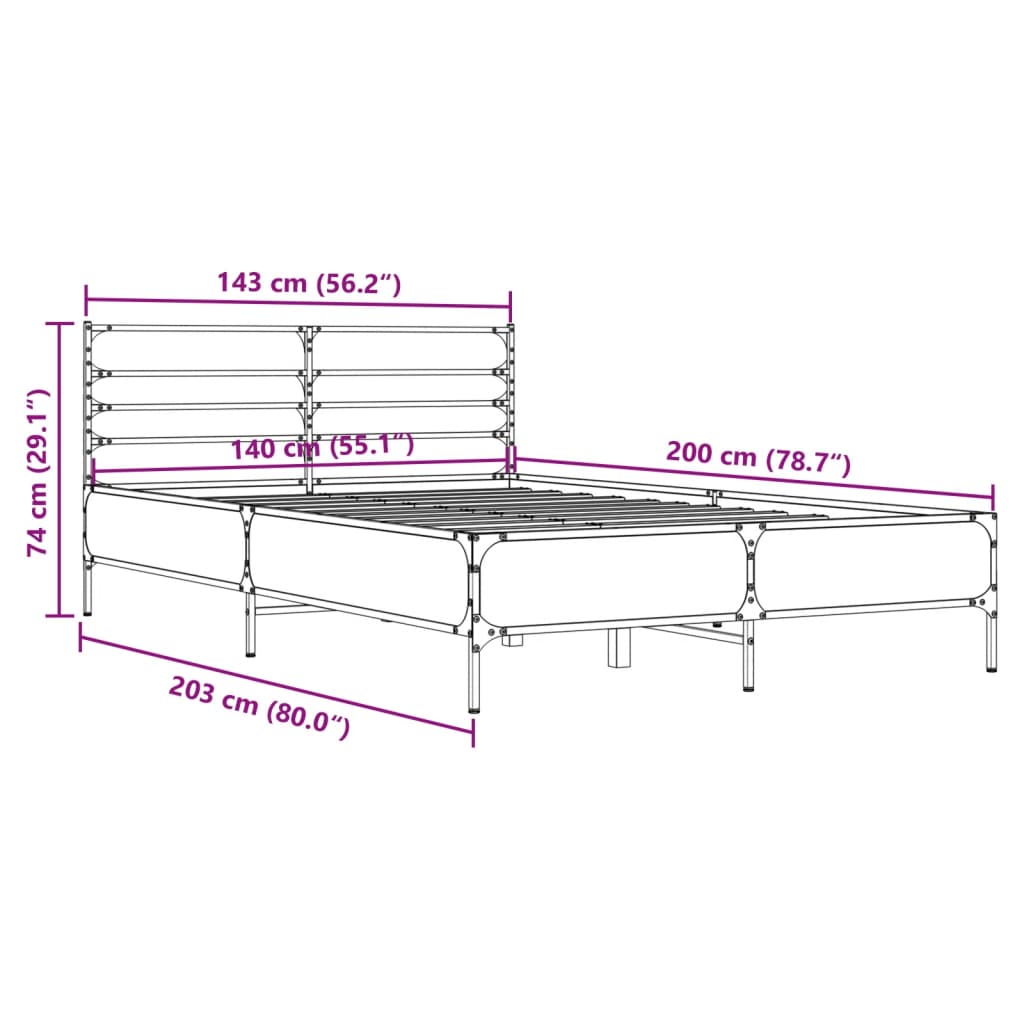 Bedframe bewerkt hout metaal sonoma eikenkleurig 140x200 cm