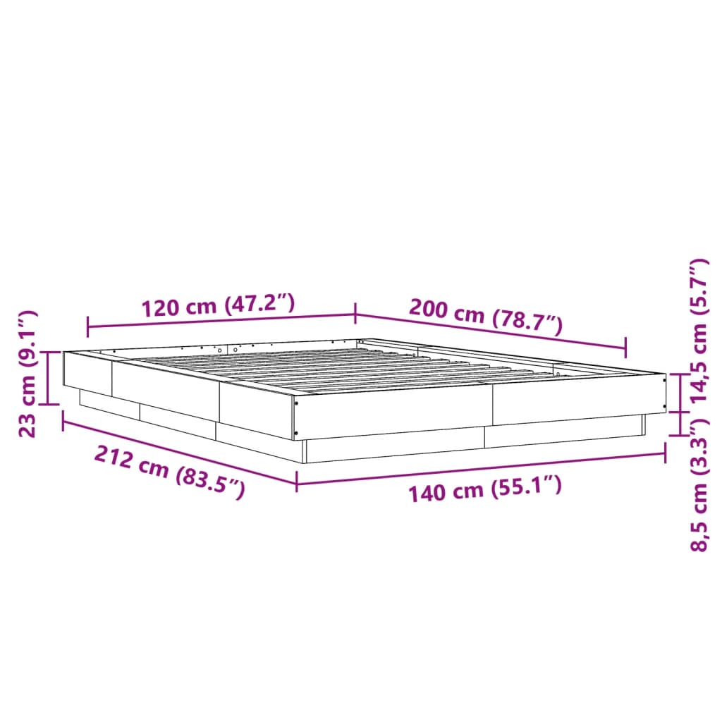 Bedframe LED massief hout wit 120x200 cm