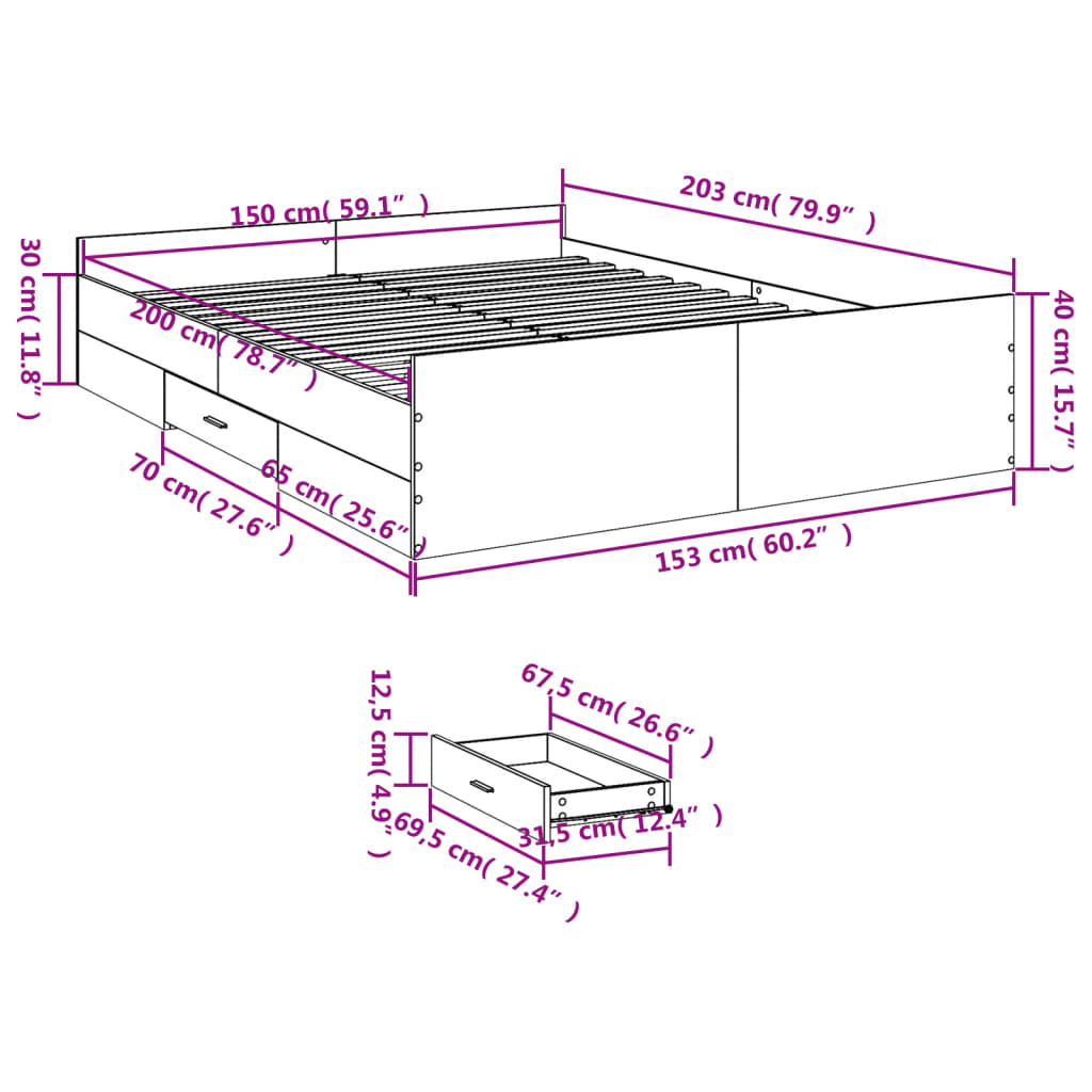 Bedframe met lades bewerkt hout grijs sonoma eiken 150x200 cm