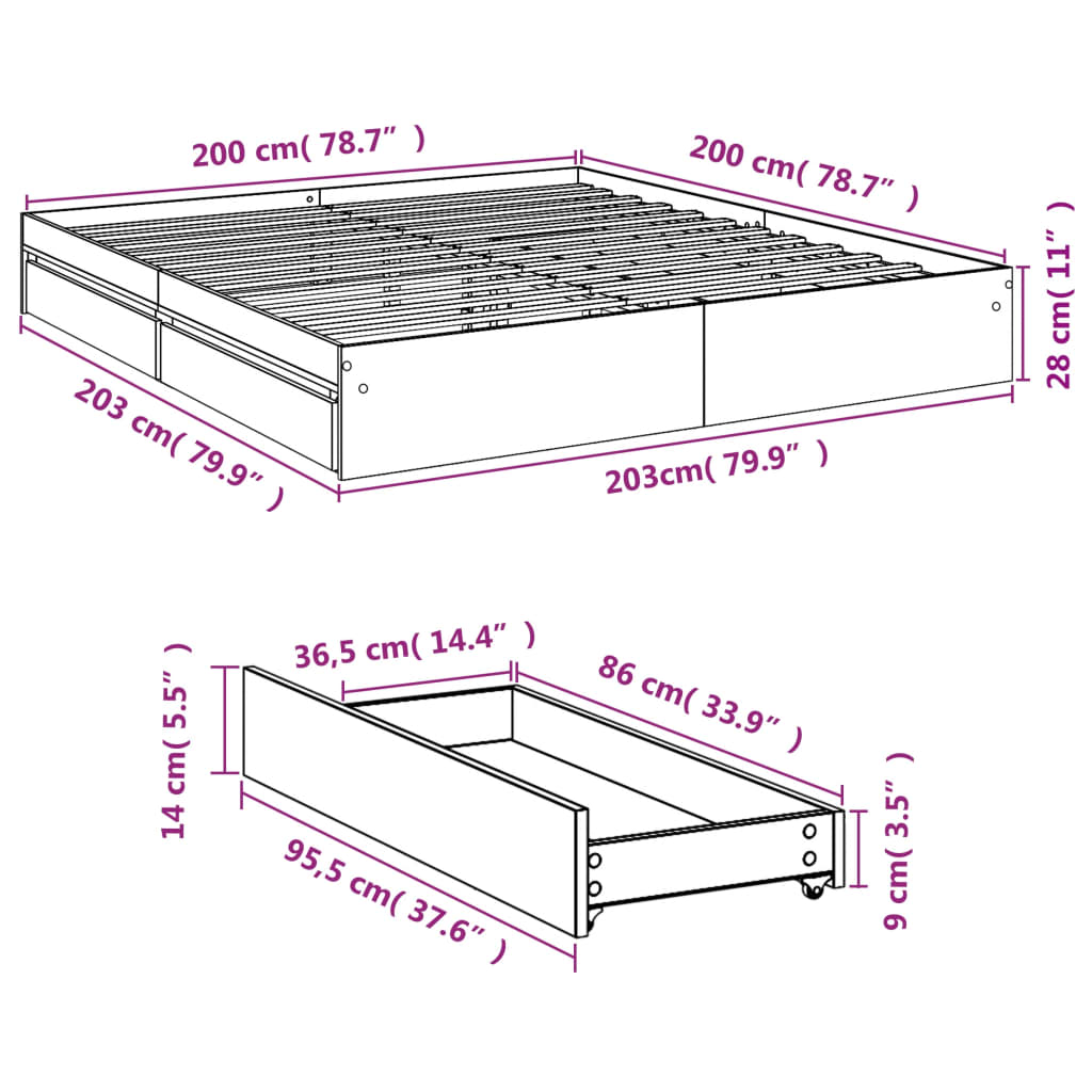 Bedframe met lades bewerkt hout wit 200x200 cm
