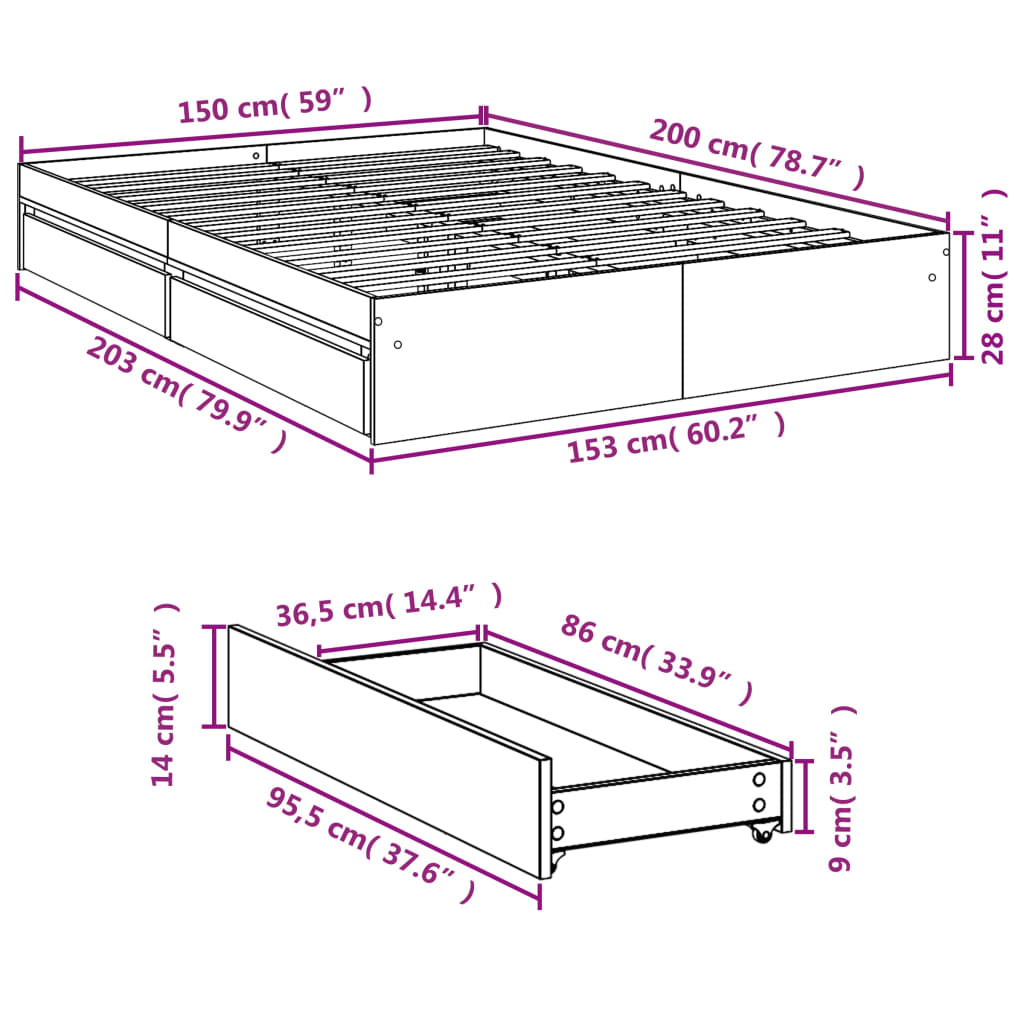 Bedframe met lades bewerkt hout betongrijs 150x200 cm