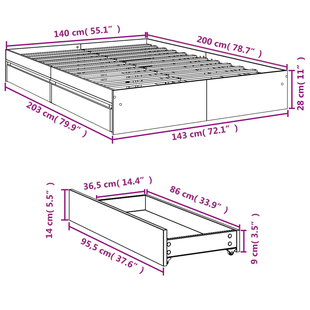 Bedframe met lades bewerkt hout gerookt eikenkleurig 140x200 cm