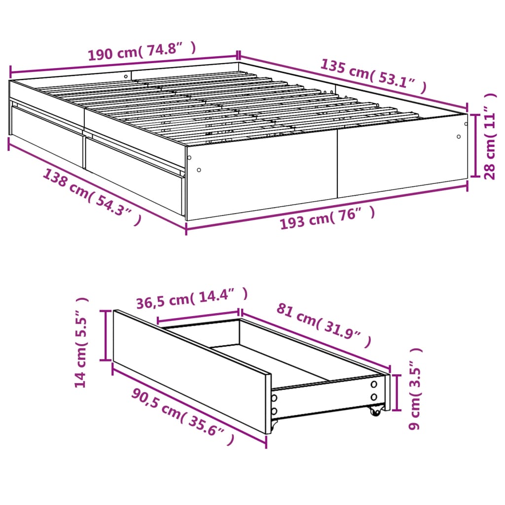 Bedframe met lades bewerkt hout wit 135x190 cm