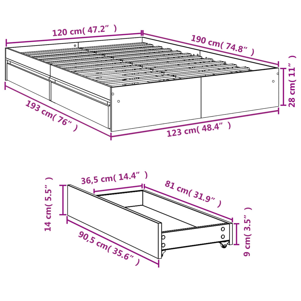 Bedframe met lades bewerkt hout grijs sonoma eiken 120x190 cm