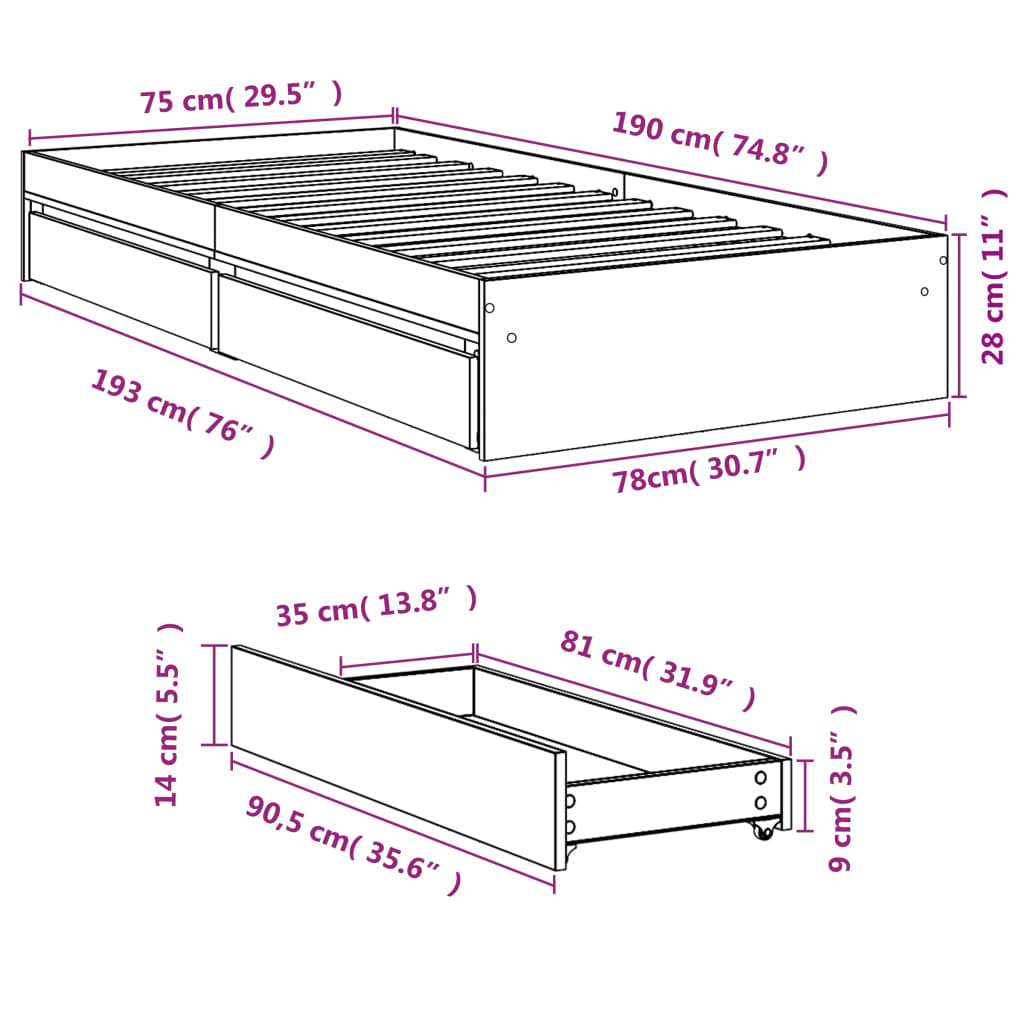 Bedframe met lades bewerkt hout zwart 75x190 cm