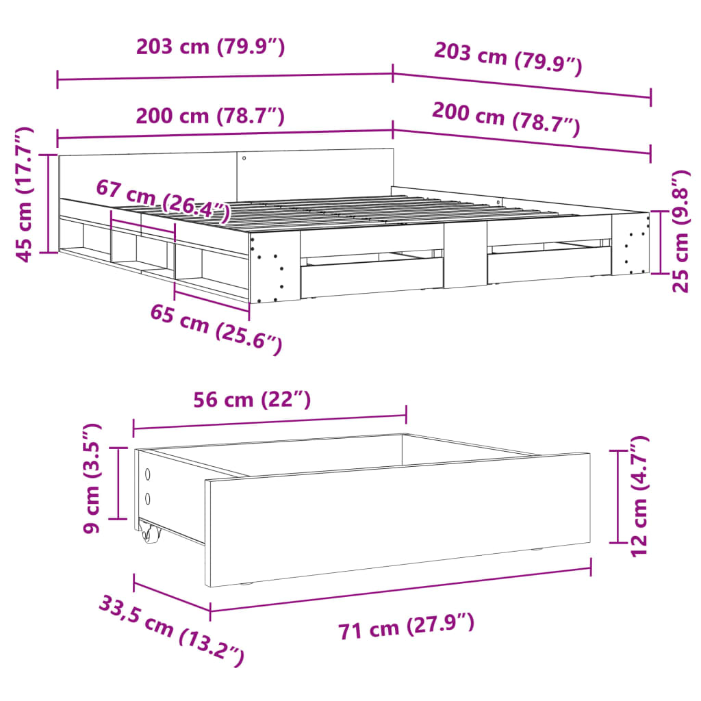 Bedframe met lades bewerkt hout betongrijs 200x200 cm