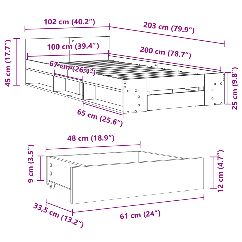 Bedframe met lade bewerkt hout grijs sonoma eiken 100x200 cm