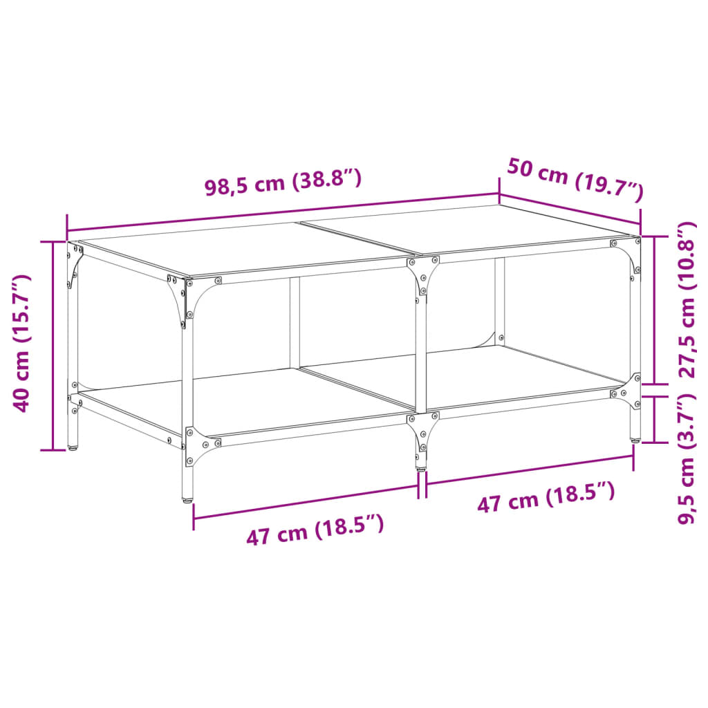 Salontafel met transparant glazen blad 98,5x50x40 cm staal