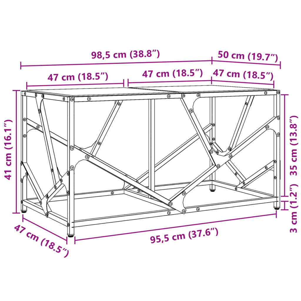 Salontafel met zwart glazen blad 98,5x50x41 cm staal