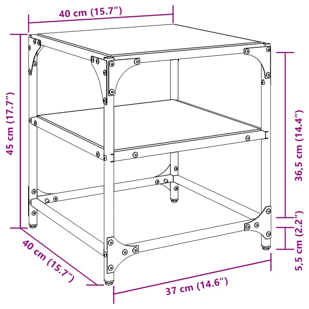 Salontafel met transparant glazen blad 40x40x45 cm staal