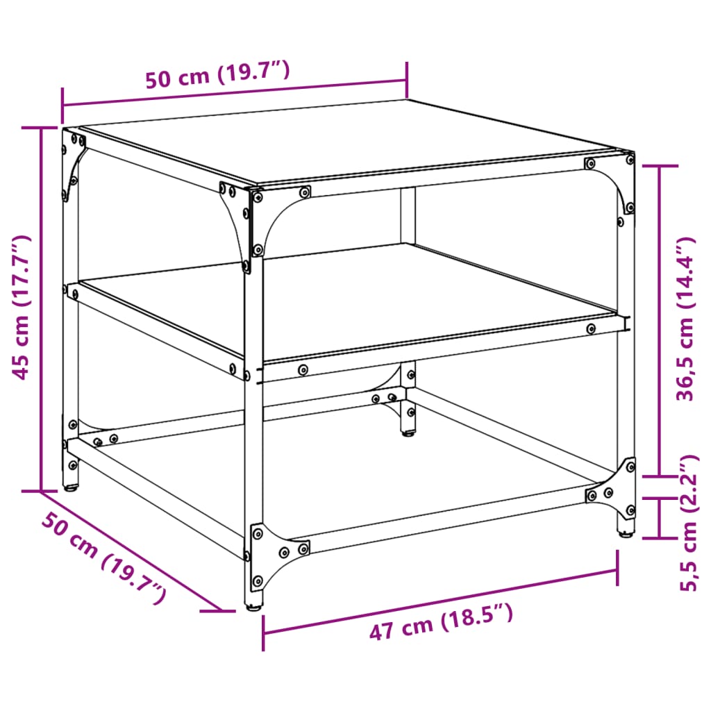 Salontafels 2 st met zwart glazen blad 50x50x45 cm staal