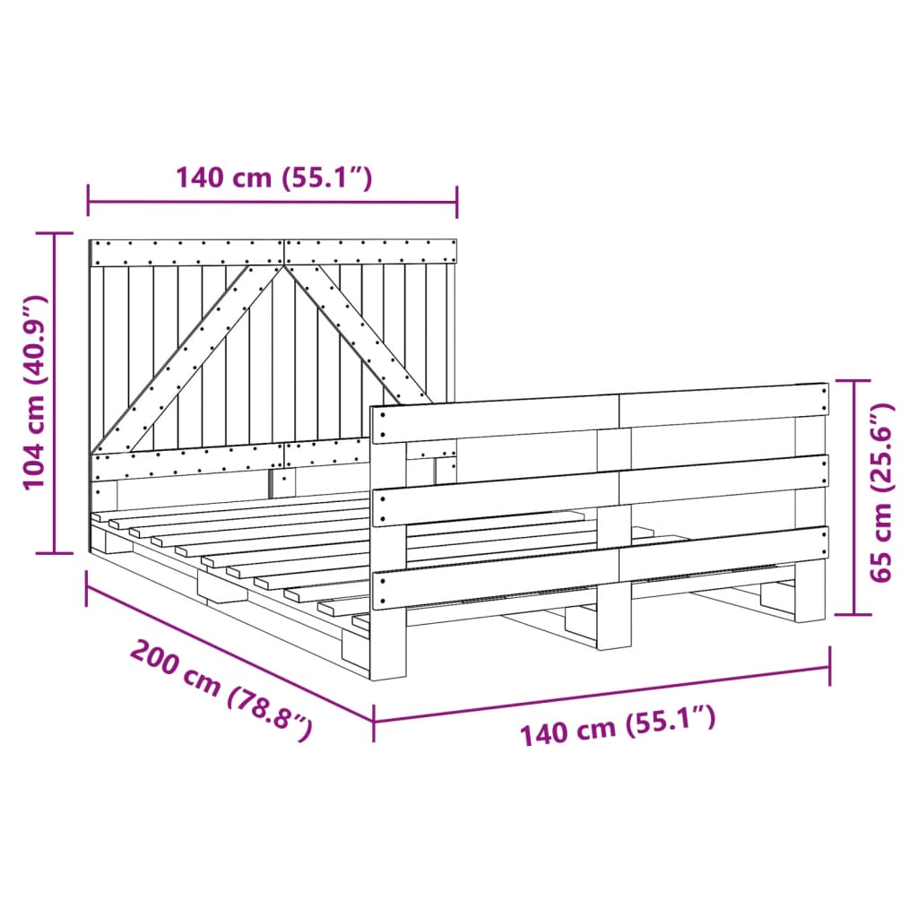 Bedframe met hoofdbord massief grenenhout wit 140x200 cm