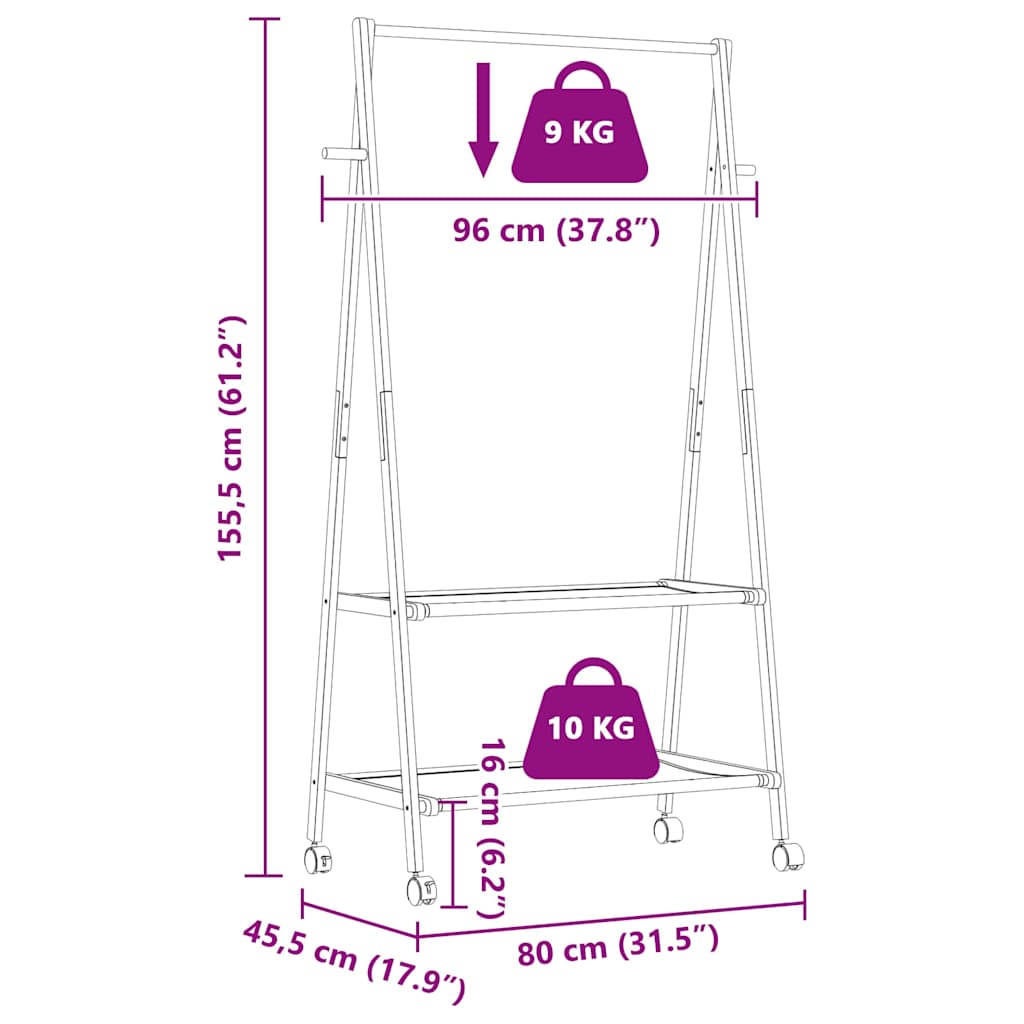 Kledingrek met schappen en wielen 96x45,5x155,5 cm bamboe