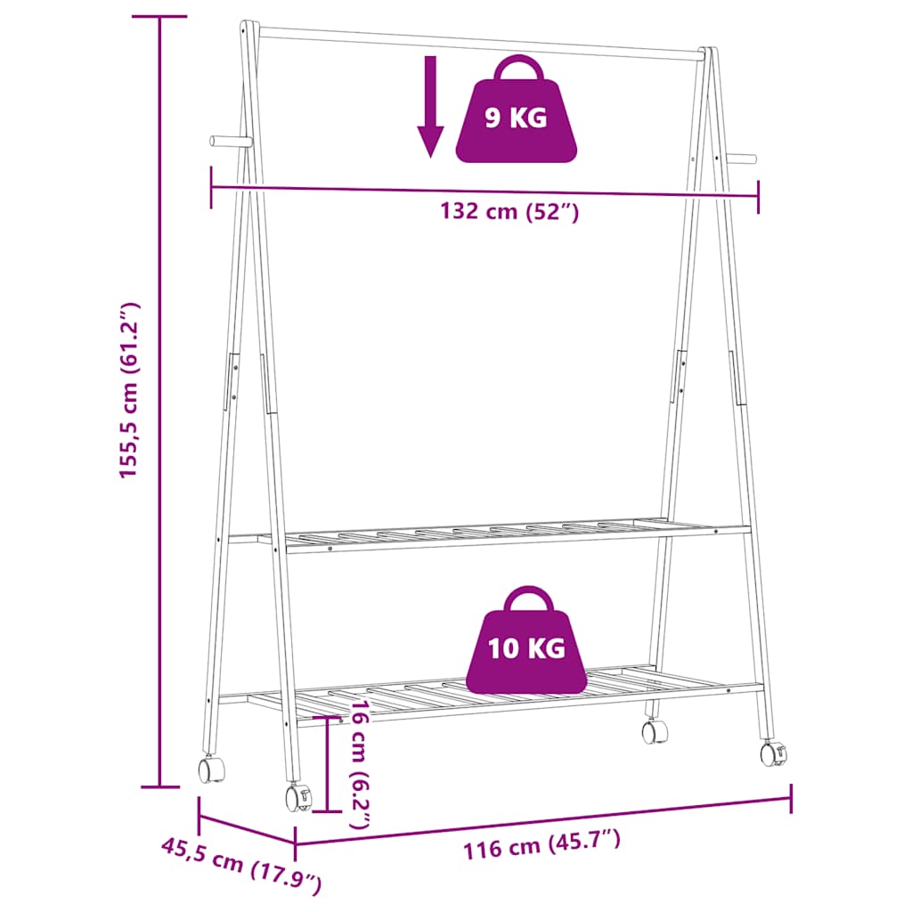 Kledingrek met schappen en wielen 132x45,5x155,5 cm bamboe