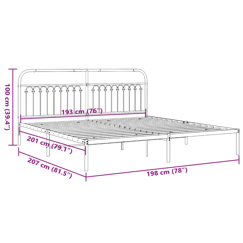 Bedframe met hoofdbord metaal zwart 193x203 cm