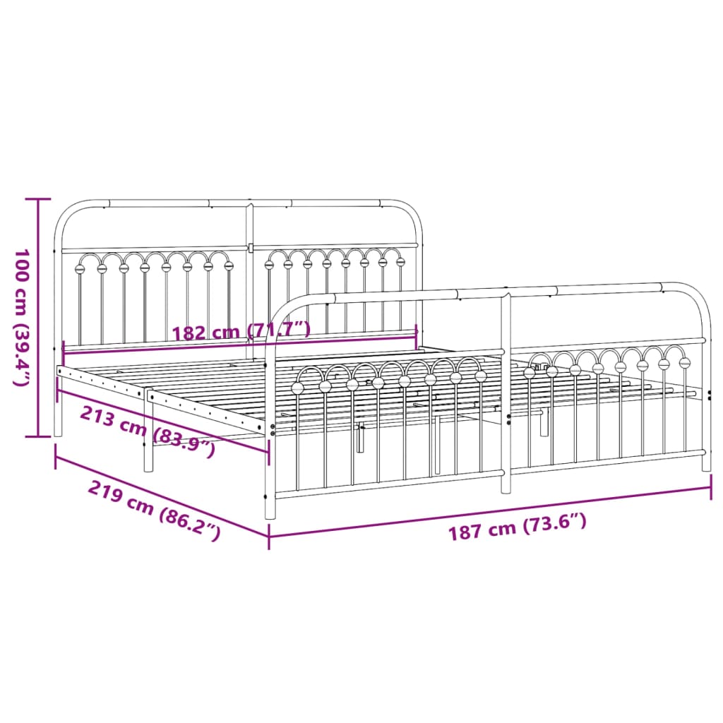 Bedframe met hoofd- en voeteneinde metaal zwart 183x213 cm