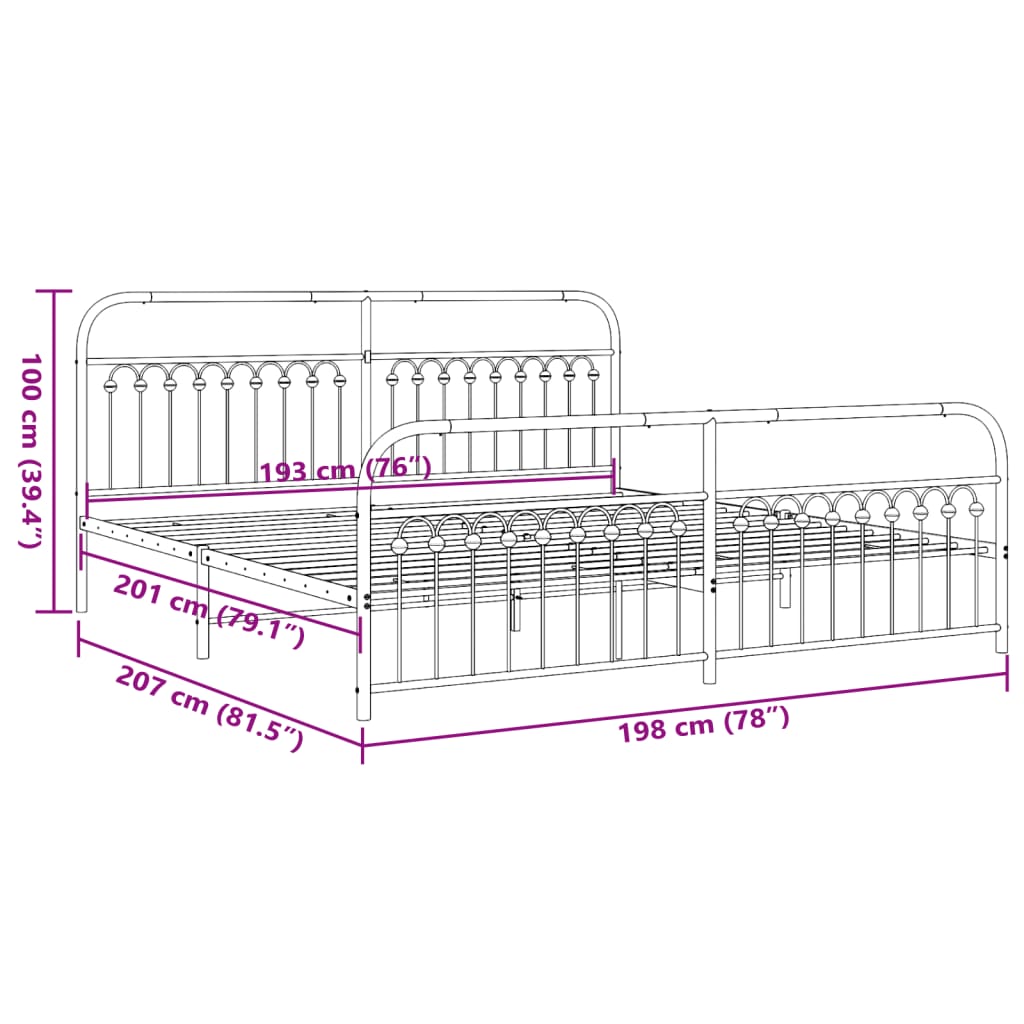 Bedframe met hoofd- en voeteneinde metaal zwart 193x203 cm
