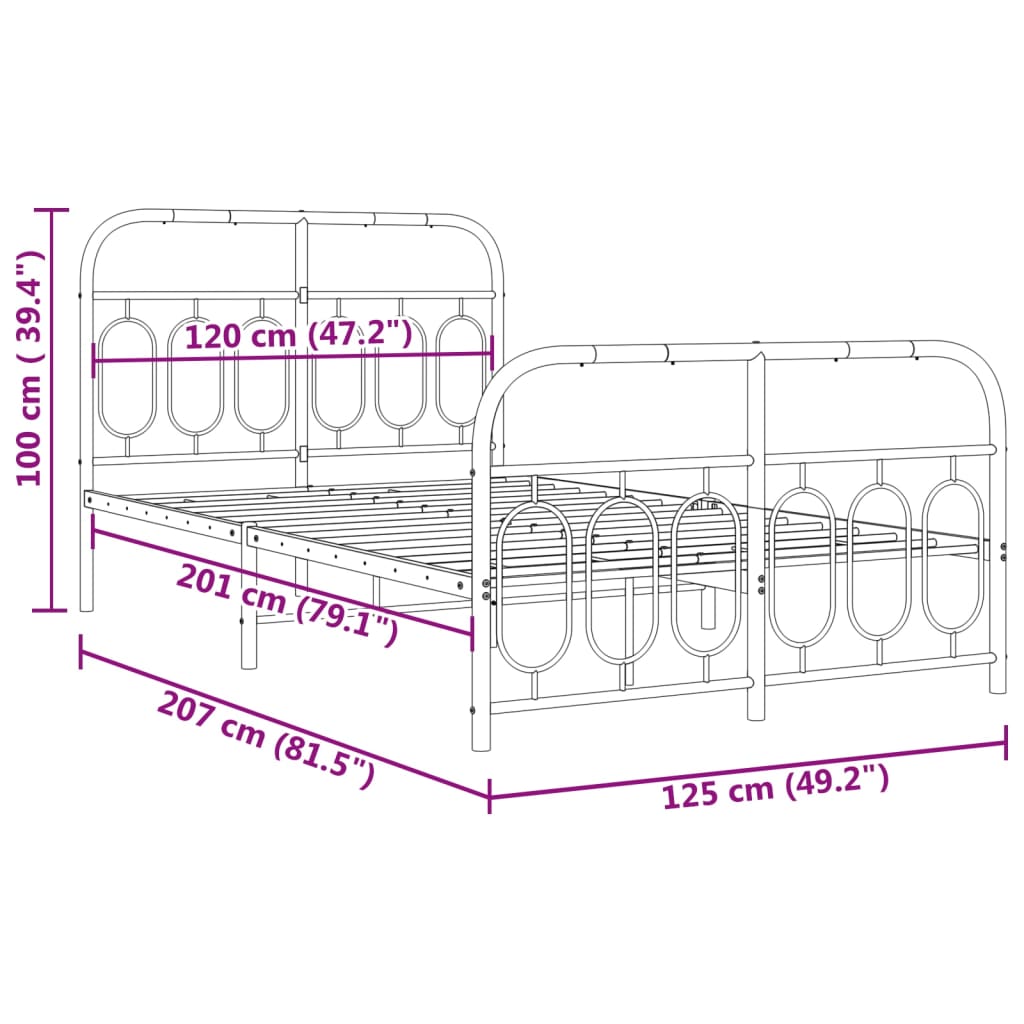 Bedframe met hoofd- en voeteneinde metaal zwart 120x200 cm