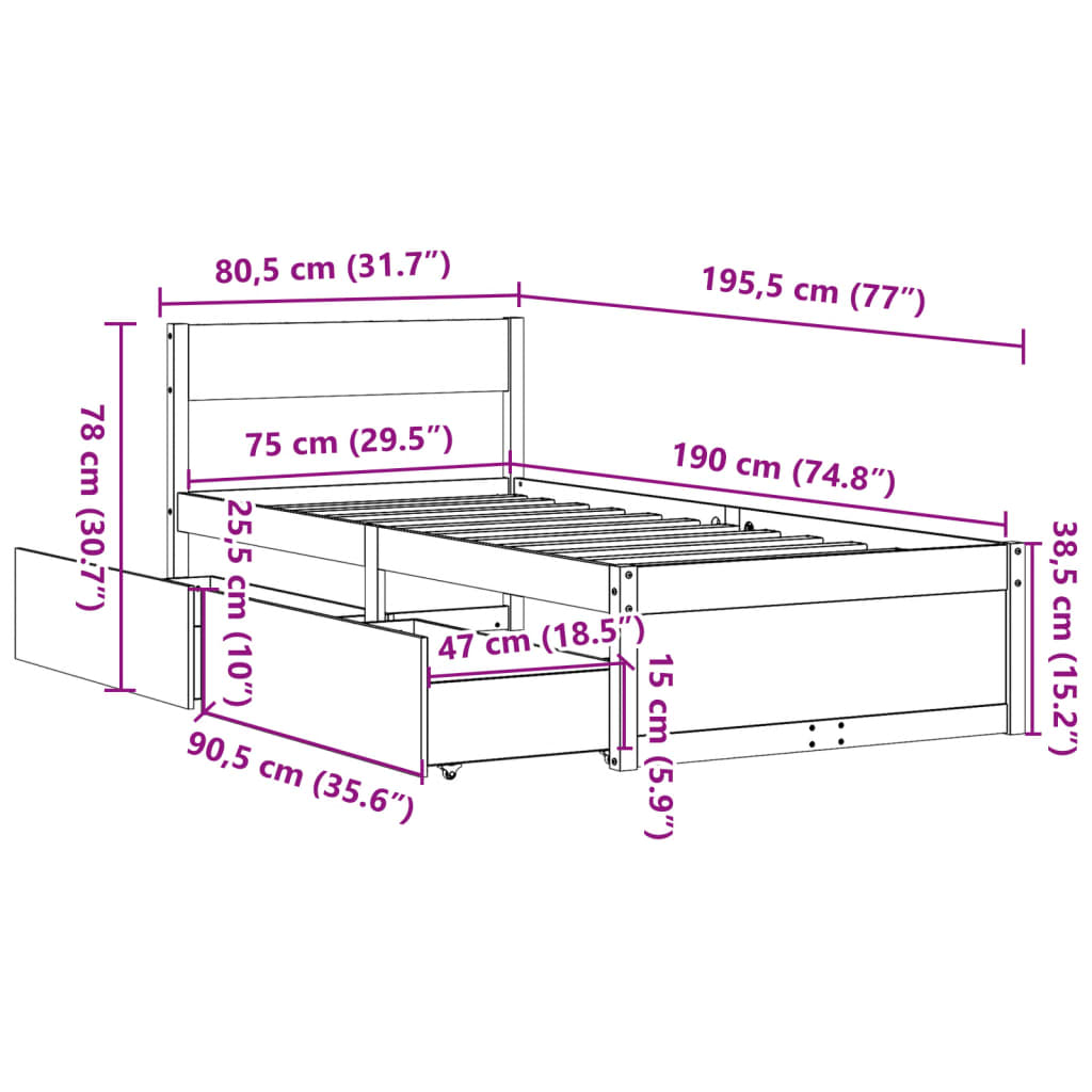 Bedframe met lades massief grenenhout 75x190 cm