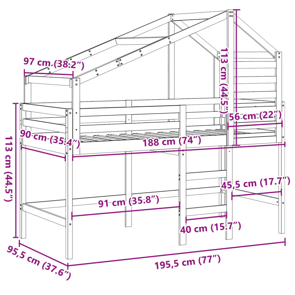 Halfhoogslaper met ladder en bedhuis grenenhout wit 90x190 cm