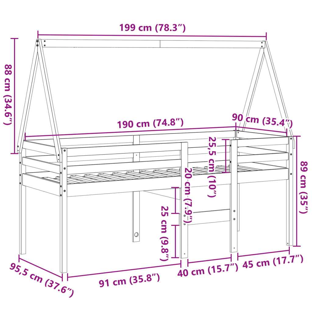 Hoogslaper met dak massief grenenhout wasbruin 90x190 cm