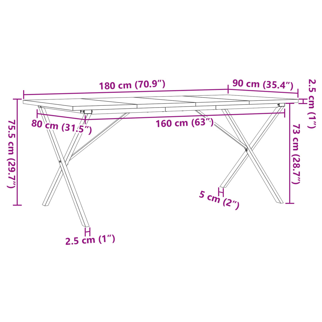 Eettafel X-frame 180x90x75,5 cm massief grenenhout en gietijzer