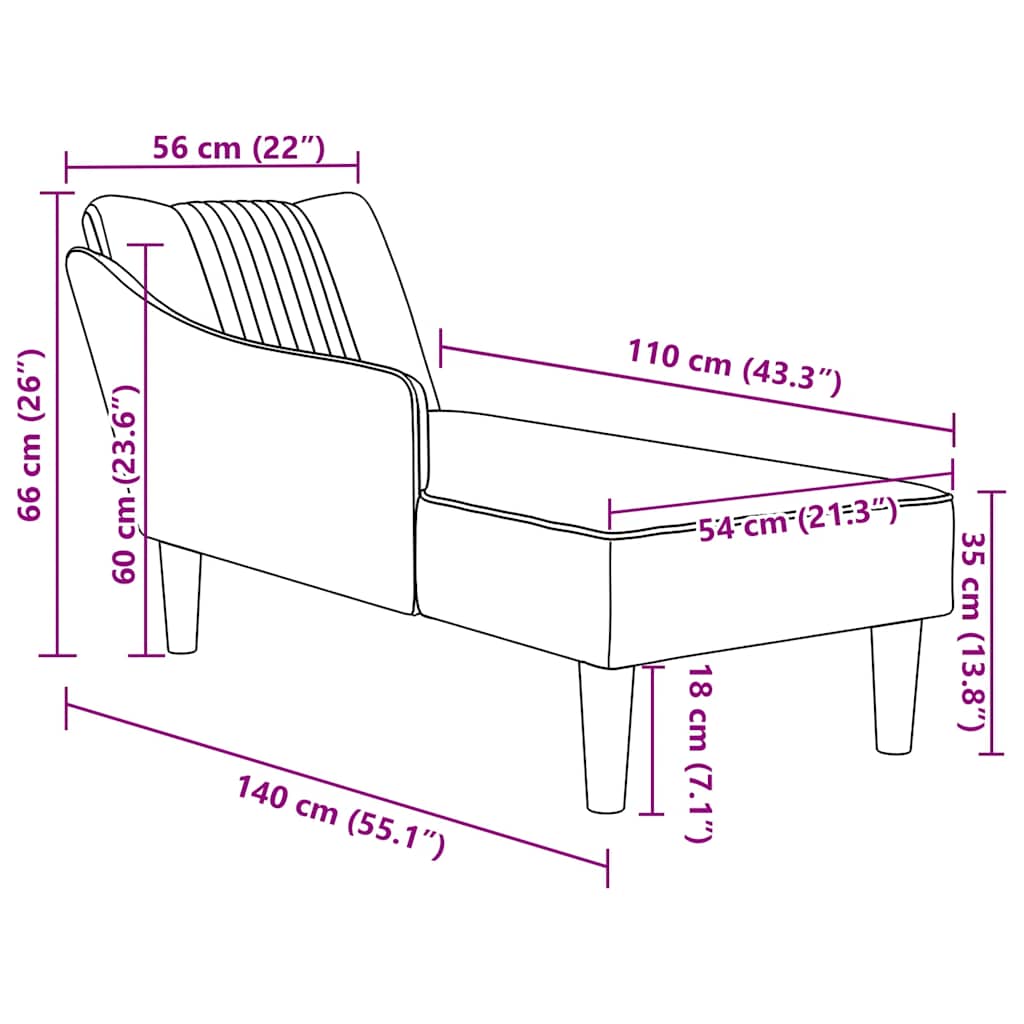 Chaise longue met rechterarmleuning fluweel roze