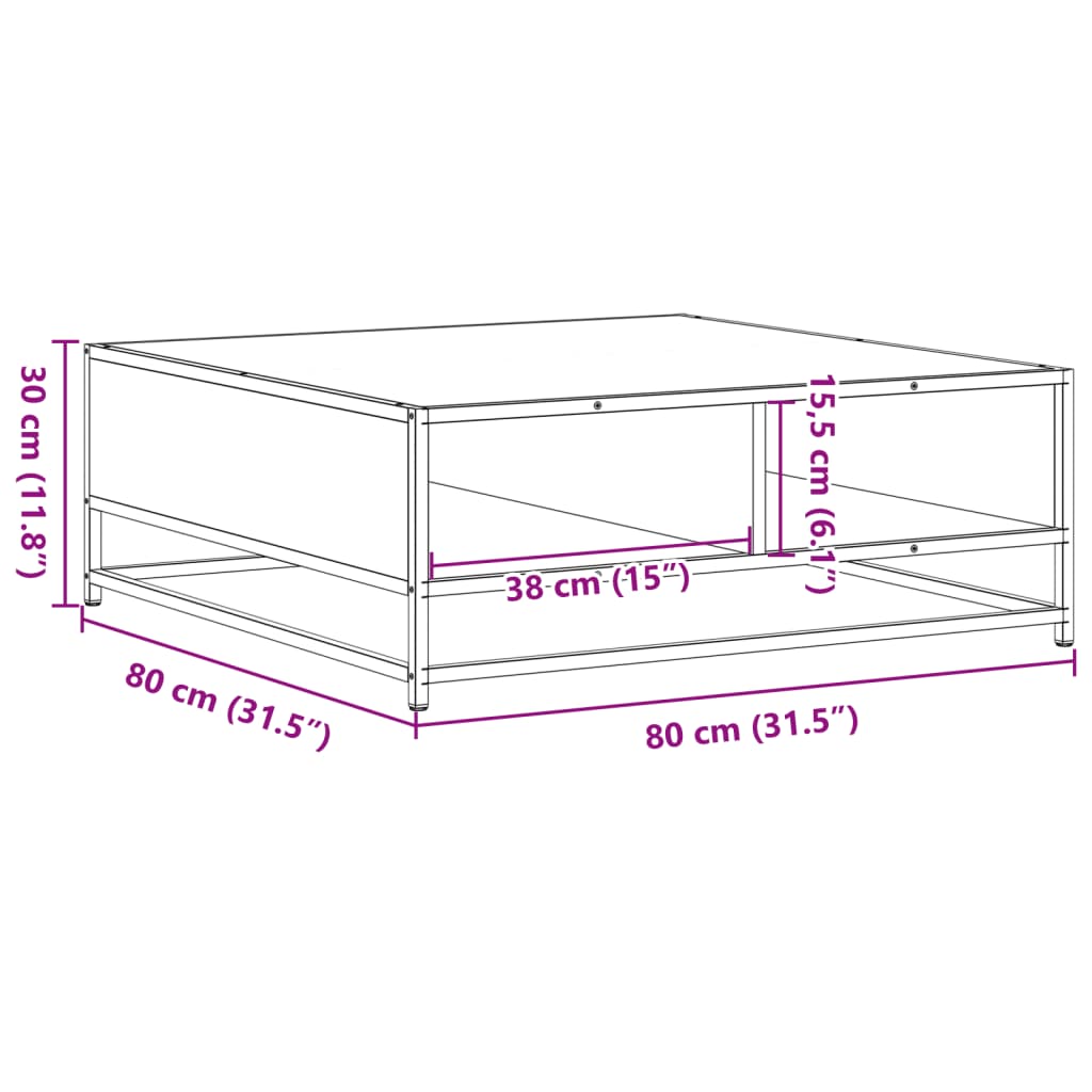 Salontafel 80x80x30 cm bewerkt hout en metaal bruin eikenkleur