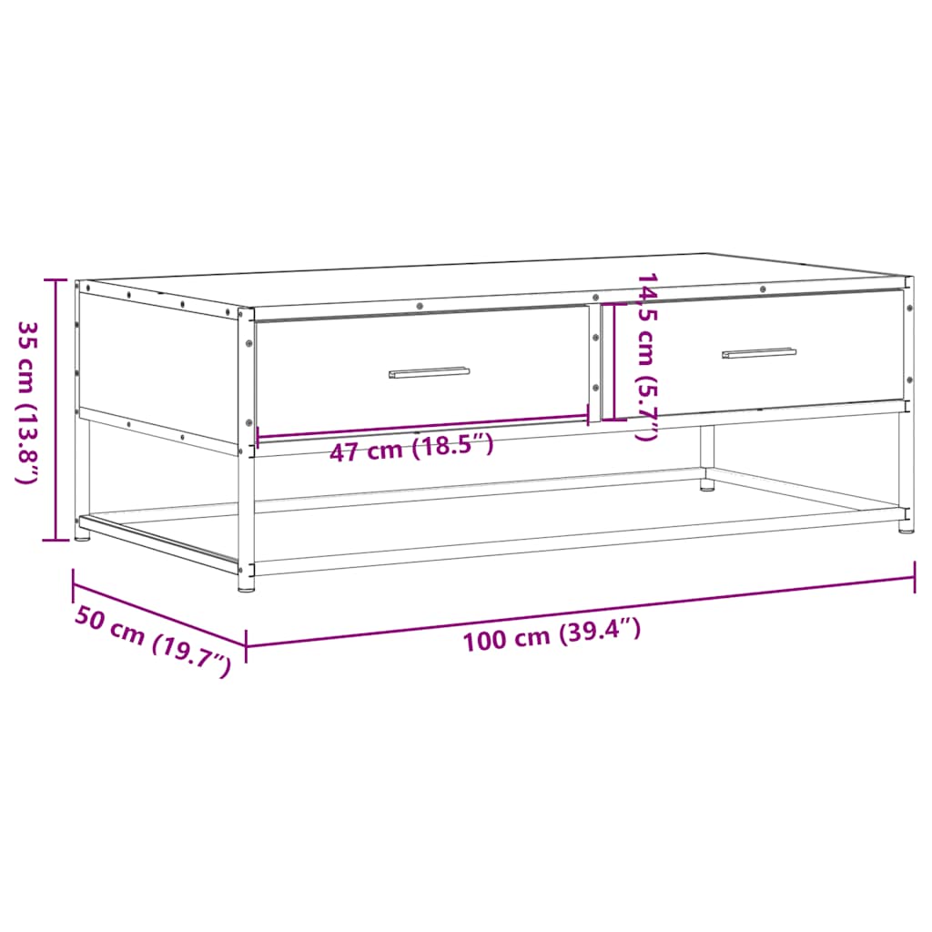 Salontafel 100x50x35 cm bewerkt hout en metaal bruin eikenkleur
